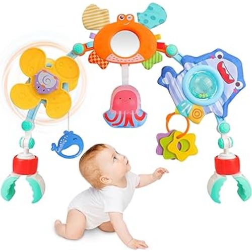Popsunny Stroller Arch Toys for Infants 0–12 Months, Adjustable Baby Car Seat Toys with Rattle and Teeter, Sensory Travel Gift for Newborn Boy Girl