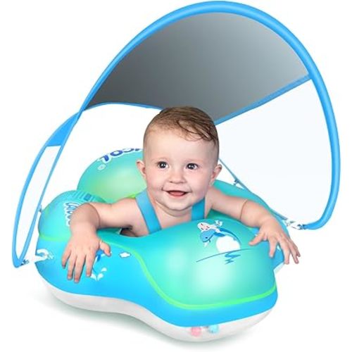Baby Pool Float No Flip Over, Inflatable Baby Float with Sun Protection Canopy, Baby Swimming Float, Baby Swim Float with Double Air Chambers, Add Tail for Age of 3-36 Months