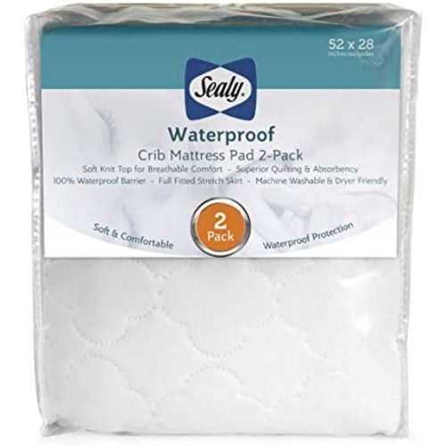 Sealy 2-PACK Waterproof Fitted Toddler and Baby Crib Mattress Pad Cover Protector - 52" x 28" - White