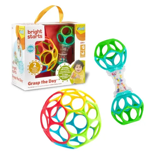 Bright Starts Easy-Grasp Oball Bundle Gift Set - Grasp The Day, Ball and Rattle Toys 2-Pack, BPA Free, Unisex, Newborn+