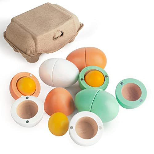 WHOHOLL Wooden Eggs, Play Food Sets for Kids Kitchen, Easter Fake Eggs with Magnetic Separable Yolk, Pretend Play Kitchen Toy Food for Kids, Toddlers Boys Girls Gifts for Pre-school Education Birthday