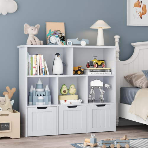 Homfa Toy Storage Organizer with 3 Movable Drawers, 5 Cube Kids Bookcase for Playroom, Storage Cabinet for Living Room, Gray Finish