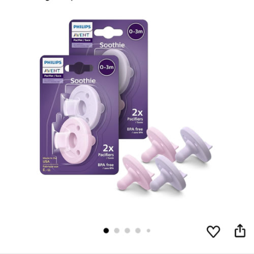 Philips Avent Soothie Orthodontic Baby Pacifiers, 100% Silicone Pacifiers, One Piece, BPA-Free, for Babies 0-3 Months, 2 Lilac and 2 Pink, 4 Pack, Model SCF190/70