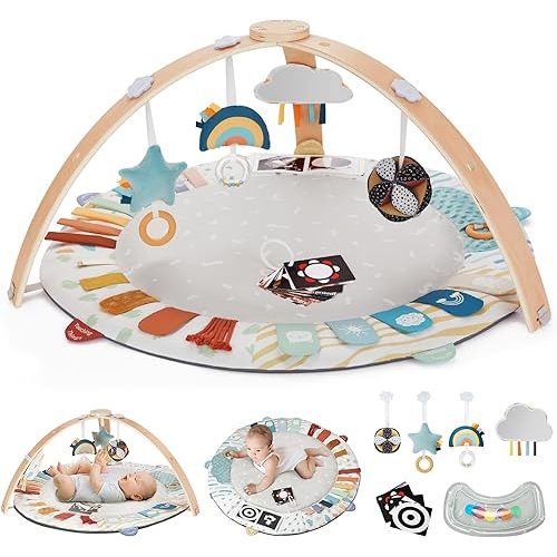 Blissful Diary Baby Play Gym & Mat, 5 Developmental Zones Baby Activity Mat, Wooden Tummy Time Mat with 6 Detachable Sensory Toys for Motor Skills & Sensory Development, Baby Essentials Shower Gift
