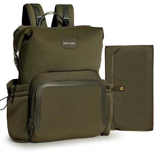 miss fong Diaper Bag Backpack - Baby Diaper Bag Neoprene Bag Large Capacity Neoprene Backpack with Diaper Changing Pad Travel Diaper Backpack Baby Backpack with 12 Pockets for Mom & Dad-Green