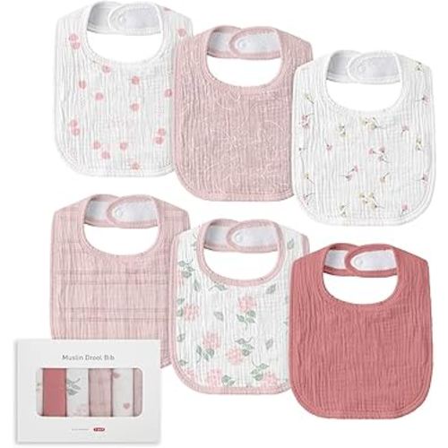 Muslin Baby Drool Bibs for Unisex Boys Girls, 6 Pack Soft Cotton Baby Bib for Teething Drooling, Essentials Shower Gift (6, Pink)