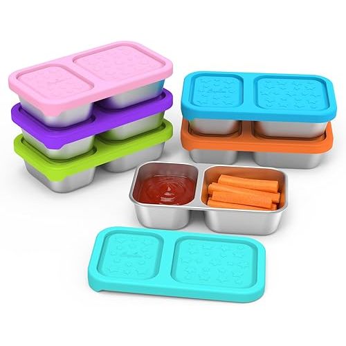 SOPHICO Stainless Steel 2 compartments Containers, Reusable Snack Containers with Silicone Lids Lunch Box for Meal Prep Food Storage On-the-Go Snacking(6 pack)