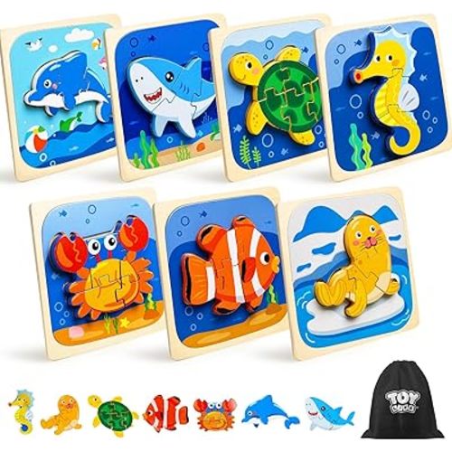 TOY Life - Rompecabezas para niños pequeños de 2 a 4 años, rompecabezas de madera para niños de 1 a 3 años, rompecabezas de 7 piezas de animales marinos para niños de 2 años, juguetes Montessori para