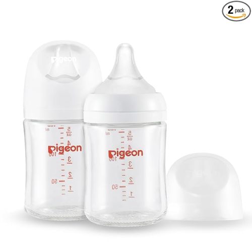 Pigeon Glass Nursing Bottle Wide Neck, Anti-Colic, Streamlined Body, Natural Feel, Easy to Clean, Heat-Resistant, 5.4 Oz(Pack of 2), Includes 2pcs SS Nipples (0m+)