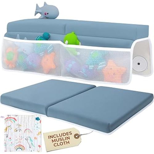 Comfortable Baby Bath Kneeler and Elbow Rest Pad Set with Unicorn Burp Cloth - Thick, Non-Slip, Memory Foam Kneeling Pad for Bathing Baby with Toy Storage Pockets - Easy Clean and Durable - Blue