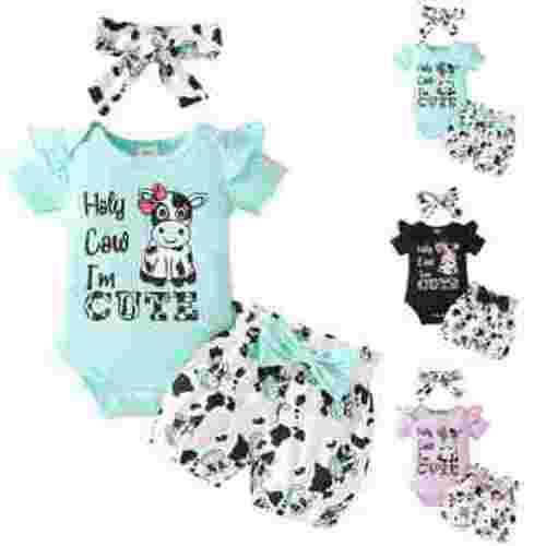 Sopiago Baby Girl Clothes Short Sleeve Romper Shorts Set Floral Summer Outfits Cute Baby Girls Clothes with Headband Light Blue,12-18 Months