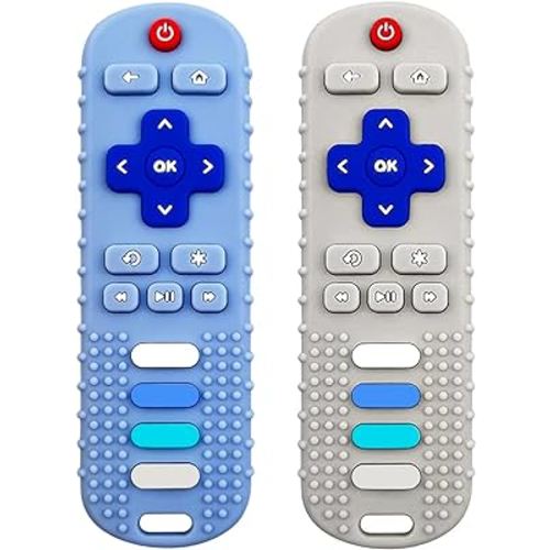 Baby Teething Toys, Food Grade Silicone Teether for Babies 3 6 12 18 Months, TV Remote Shape Toddlers Chew Toys, Freezer BPA Free (Blue+Beige)