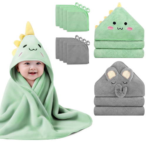 10 PCS Baby Towels, 2 PCS Soft Hooded Baby Towels & 8 PCS Washcloths, Baby Bath Towels for Newborns, Infants & Toddlers- Ultra Absorbent, Cute Baby Towel Gift for Boys