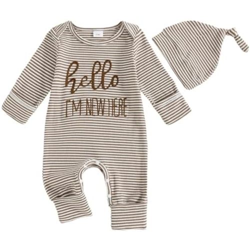 Fernvia Newborn Baby Boy Clothes Letters Print Bodysuit 3 6 9 12 18 Months Long Sleeve Jumpsuit with Hat 2PCS Outfits Set