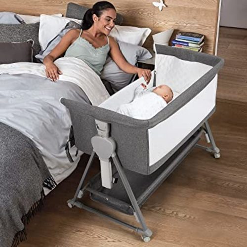 Cowiewie Bassinet Bedside Sleeper, Baby Bassinet with 7 Adjustable Height, Bedside Bassinet for Baby with Storage, Breathable Mesh & Mattress, Portable Bassinet Easy Folding (Pyramid Dark Gray)