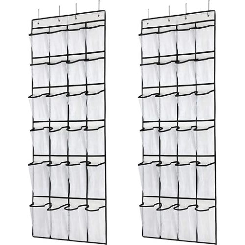 Hanging Shoe Organizer, Over The Door Shoe Organizer with 24 Mesh Large Pockets Door Shoe Rack for Men Women Kids Hanging Door Shoe Holder Size:58x21 Inch (White-2pack)
