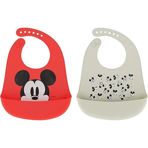 Disney 2-Pack Unisex Baby & Toddler Silicone Bibs with Food Catcher, Soft Waterproof Feeding Accessories