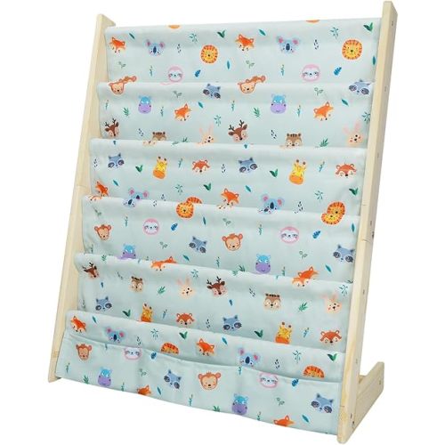 Kids Bookshelf 5 Tier Wooden Toy and Book Storage Organizer 3 Pockets Toddler Sling Book Rack with Deep Sleeves for Baby Playroom Nursery Bedroom (Cute Animal)