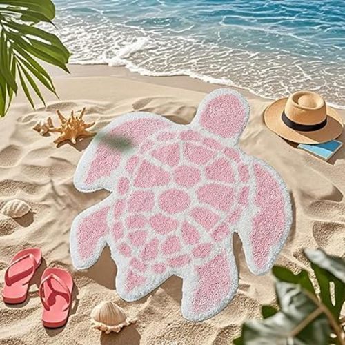 YRXRUS Turtle Bathroom Rugs, Ocean Decor Bath Mat Gifts, Light Pink Bathroom Rug, Cute Sea Turtle Shaped Bath Rug for Sring Summer Room Decor, Machine Washable & Non-Slip Bath Mat, 24x26 Inch