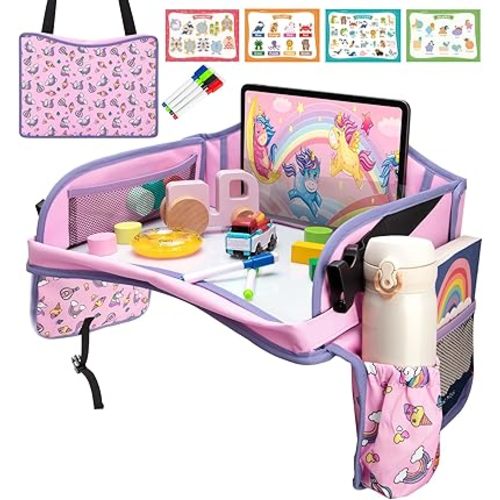 Blissful Diary Travel Tray For Kids Car Seat, Toddler Road Trip Essentials With Drawing Kit, Carseat Tray For Kids Travel, Road Trip Must Haves For Kids, Kids Travel Tray for Car Seat - Pink
