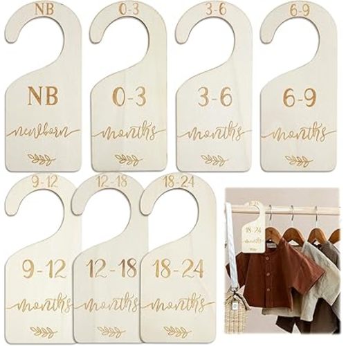 7 Pack Baby Closet Dividers Set, Wooden Clothes Organizer from Newborn to 24 Months, Nursery Decor Hanger Dividers for Baby Clothes Storage, Perfect for New Parents and Nursery Organization