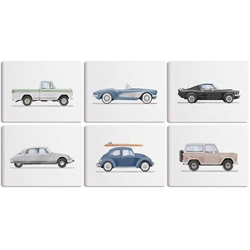 ZLYARTMP 6Pcs Nursery Car Wall Art Vintage Racecar Canvas Pictures Baby Room Supercars Wall Decor Kids Room Watercolor Car Paintings Prints Retro Vehicle Posters For Boys Bedroom Decor Unframed