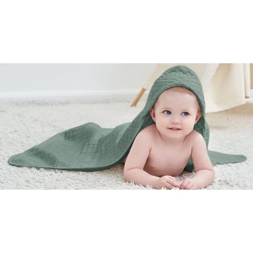 Yoofoss Hooded Baby Towels for Newborn 2 Pack 100% Muslin Cotton Baby Bath Towel with Hood for Babies, Infant, Toddler and Kids, Large 32x32Inch, Soft and Absorbent Newborn Essential - White and Dark Green