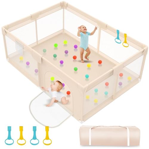 Playpen for Babies and Toddlers 71x59inch - Extra Large Baby Gate Play Pen with Soft Breathable Mesh Cover - Indoor and Outdoor Baby Play Fence - Portable Playpen for Babies (Apricot)