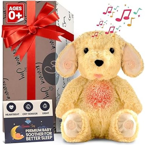 Gemma Joy Bedtime Baby Soothers for Sleep, Cry Activated Heartbeat Stuffed Animal for Baby, Newborn, Calming Light, Lullaby Music, White Noise, Shush and Mother’s Heartbeat - (Puppy, Rechargeable)