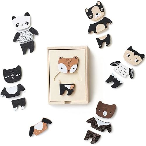 Wee Gallery Mix and Match Animal Tiles - A Modern Wooden Toy for Travel, Playtime, Creative Play, Motor Skills, Puzzle Skills, with Wood Storage Box (Ages 2 and up)
