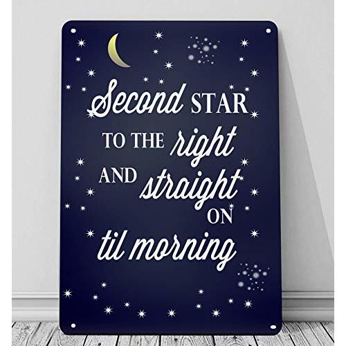 AMELIA SHARPE Metal Tin Signs Vintage Peter Pan, The Second Star on The Right Home Bar Pub Funny Retro Wall Art Sign 12" X 8"