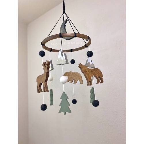 Winter Woodland Crib Mobile with Wolf, Bear, Deer, Snow Capped mountains, and Pine trees - for woodsy, forest, gender neutral nurseries
