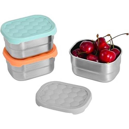 UPTRUST Stainless Steel Snack Containers for Kids, Easy Open Leak Proof, Small Food Containers with Silicone Lids, Perfect Metal Lunch Box for Daycare and School (3pcs 8oz)