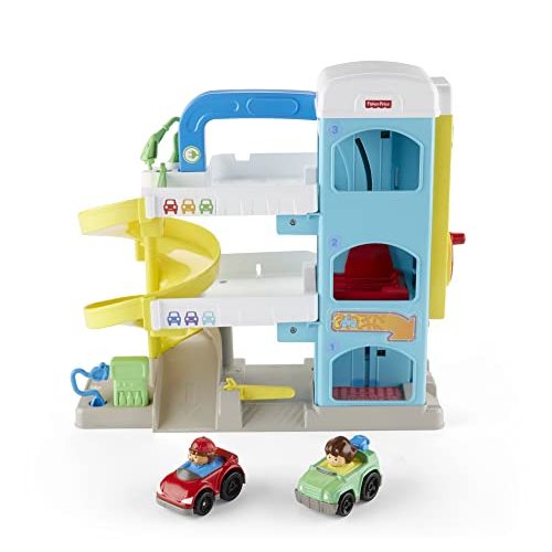 Fisher-Price Little People Toddler Playset with Spiral Race Track, Elevator and 2 Wheelies Toy Cars, Helpful Neighbor’s Garage