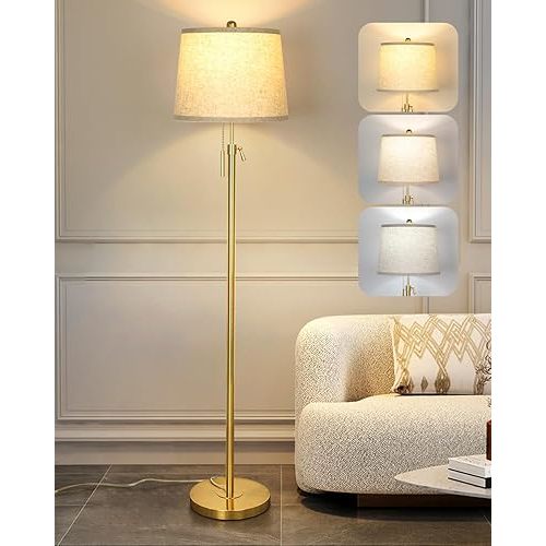 Gold Floor Lamp for Living Room 55-65" Adjustable Modern Brass Standing Lamp with Pull Chain Tall Pole Light with Beige Shade for Bedroom Reading Office Corner Nursery 9W LED Bulb Included 3 ColorTemp