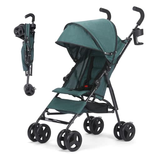 One-Handed Folding Lightweight Stroller, Large Storage Basket, Canopy, Cup Holder, Compact Umbrella Stroller Durable Frame, Travel Stroller for Airplane Ultra Overhead Friendly (Dark Green)