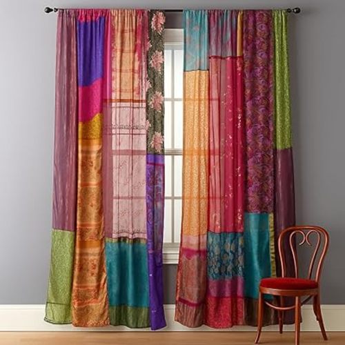 LimraCreation® 1 Pair of Indian Vintage Silk Blend Sari Multi Color (Assorted Color) Handmade Patchwork Curtains Drapes Home Decor Curtain/Panels