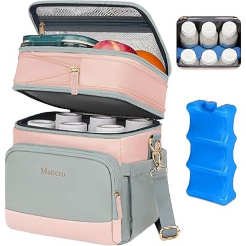 Mancro Expandable Breastmilk Cooler Bag Fits 6 Bottles Up to 9 Oz, Double Layer Breast Milk Travel Bag with Ice Pack, Wearable Breast Pump Bag with Stroller Straps for Nursing Moms, Pink and Grey