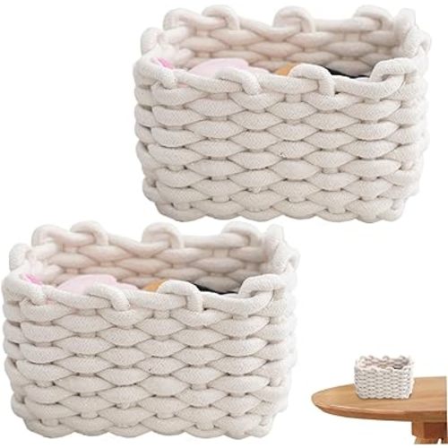 2PCS Cotton Rope Basket, 7.5x5.9x4.7" Cute Baskets, Braided Knitting Basket, Desktop Woven Baskets for Storage Remote Control, Snacks, Make-Up, Socks, Toys WhiteCotton Rope Basket Cute Baskets Kni