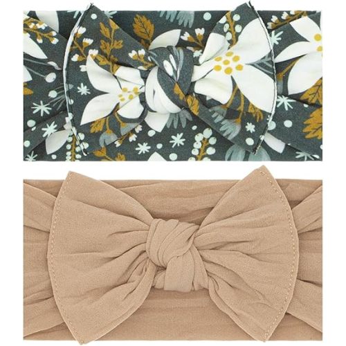 Baby Bling Bows - Newborn to Little Baby Girl Bows, 2PK PRINT SOLID KNOTS Nylon Super Soft Stretchy Toddler Headbands, Perfect Hair Accessories Head Bands for Infant Kids (Winter Garden & Oak)