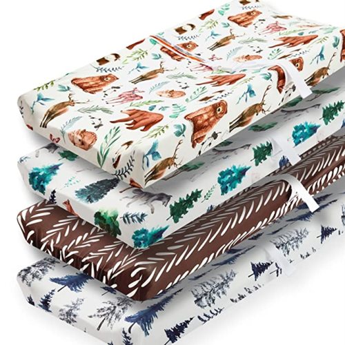 4 Pack Changing Pad Covers Woodland Forest Animals Wood Neutral Unisex Fitted Baby Changing Pad Cover Set for Baby Boys or Girls - wood