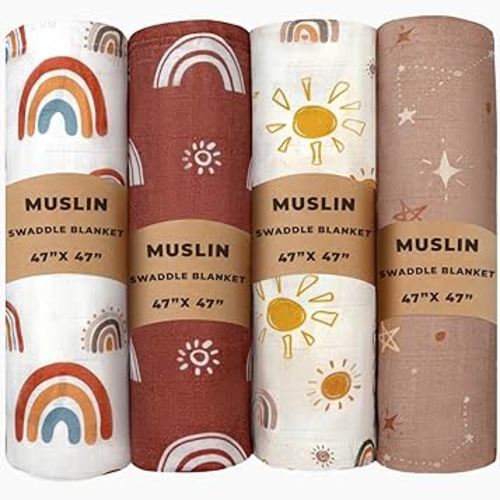 4 Pack Boho Muslin Swaddle Blankets Baby Gender Large Neutral Cotton Newborn Receiving Blankets Soft Breathable Infant Wraps Swaddle Essentials for Boys or Girls Large 47 X 47 Inches (Boho)