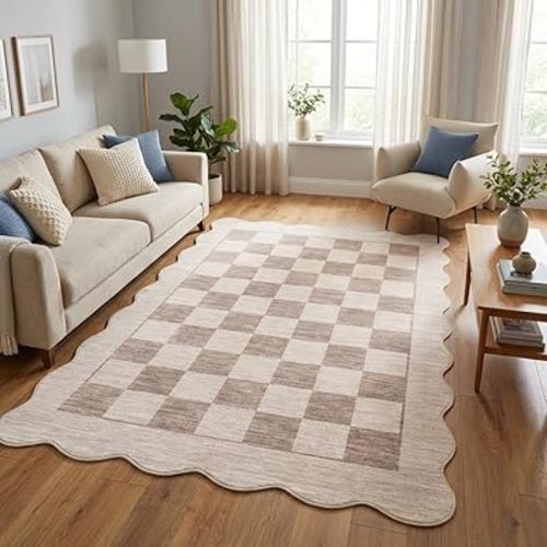 Checkered Living Room Rug 8x10 Large Modern Scalloped Accent Rug with Non-Slip Backing, Washable Geometric Indoor Carpet, Foldable Low Pile Floor Cover for Bedroom, Dining Room, Beige Brown
