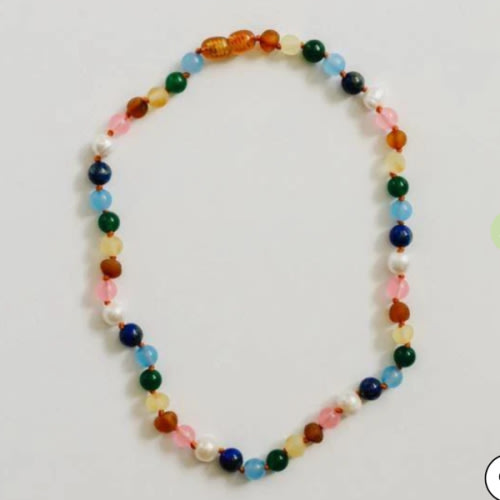 Canyonleaf Kids Raw Baltic Amber and Pearl Necklace + Sweet Pink Gemstones