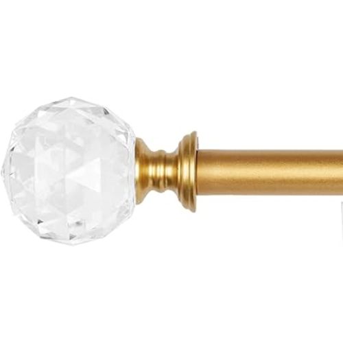 3/4 Inch Diameter Adjustable Curtain Metal Rod with Round Clear Acrylic Ball Finials，48 to 84 Inch Gold