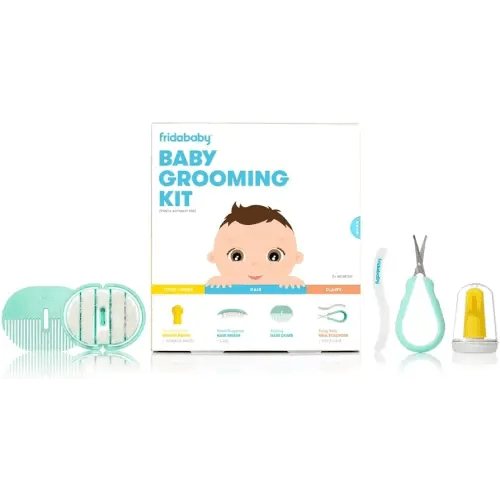 Frida Baby Grooming Kit | Baby Essentials Gift Set Includes Finger Brush with Storage Stand, Hair Brush with Case, Styling Hair Comb, Easy Grip Nail Scissors with Nail File and Case