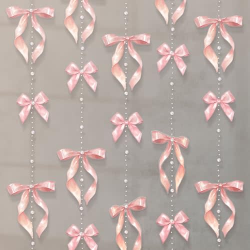 Cheerland Pink Bow Garland with Hanging Pearl for Girl Pink Bow Birthday Party Decorations Baby Shower Backdrop Photo Streamers Bachelorette Party Girly Coquette Theme Girls Room Decor Supplies 4 Pcs