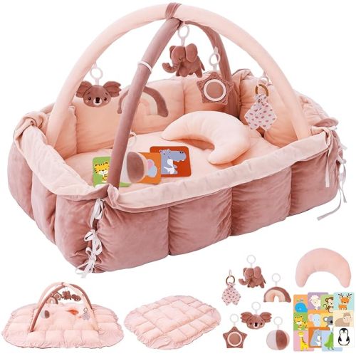 5-in-1 Plush Baby Play Gym & Activity Mat, Baby Play Mats, Baby Gym with Convertible Design, Tummy Time Mat with Pillow, 6 Sensory Toys for Newborn to Toddler, Pink