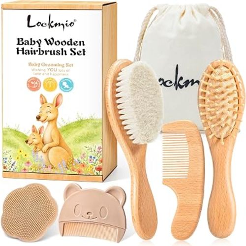 6PCS Wooden Baby Hair Brush and Comb Set for Newborns, Baby Bath Essentials