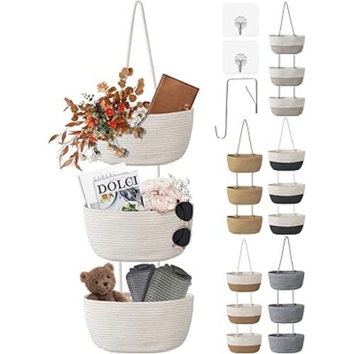 3 Tier Wall Mounted Woven Hanging Basket, Over the Door Hanging Basket with Hooks, Decorative Storage Hanging Closet Removable, Large Wall Basket for Living Room, Bedroom, Kitchen (White)